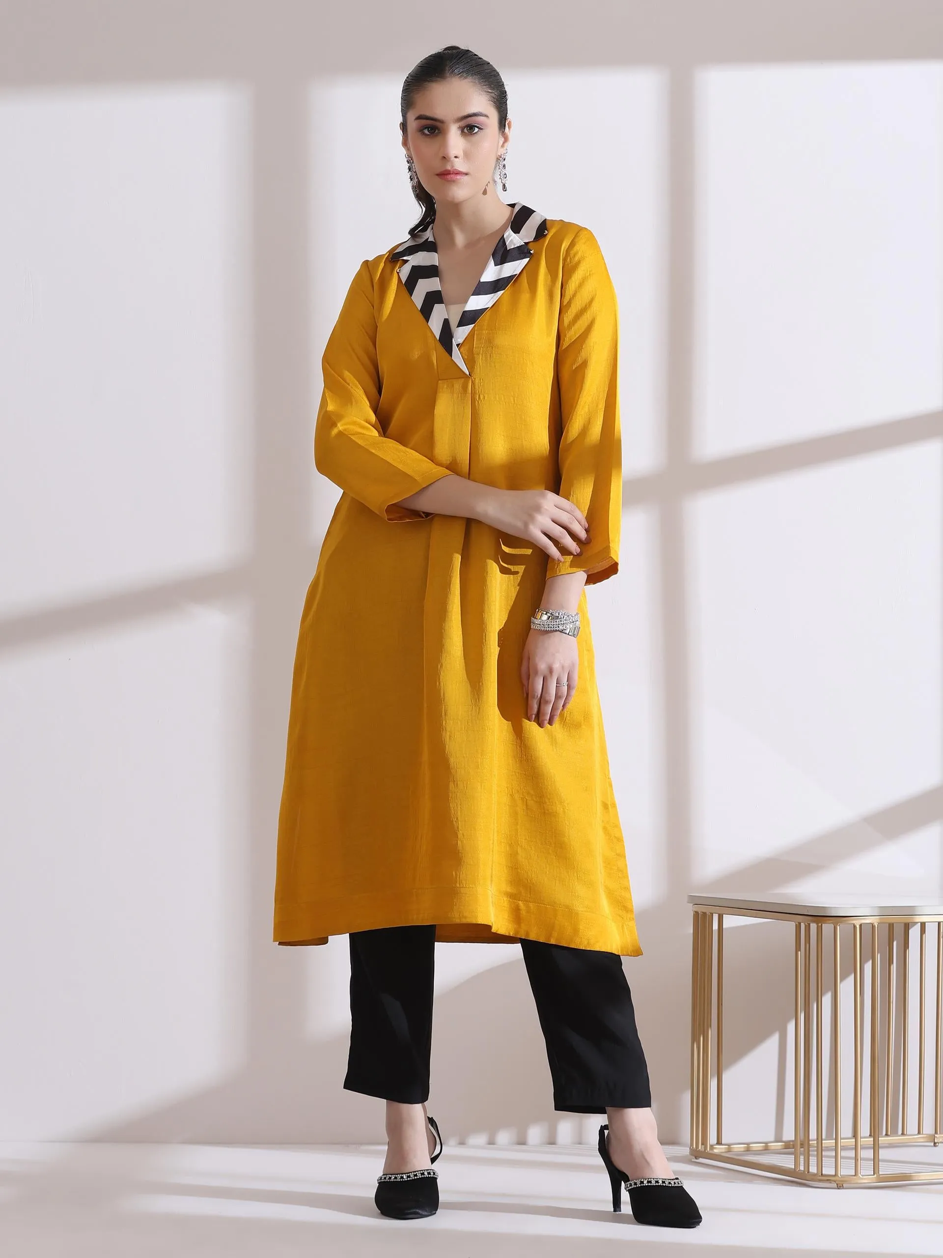 1 Pc - Prf'T Lux Mustard Striped Collar Kurta.