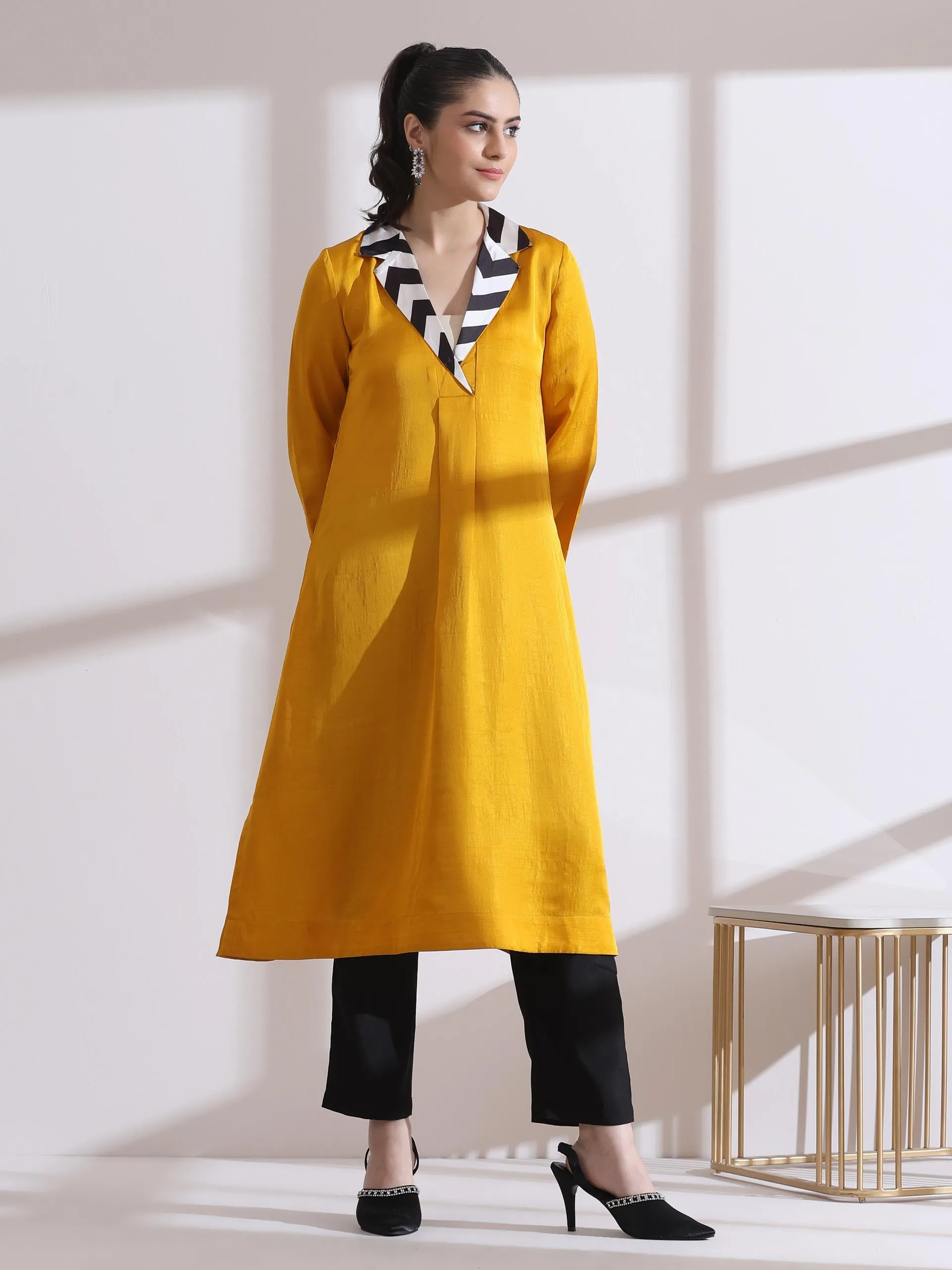 1 Pc - Prf'T Lux Mustard Striped Collar Kurta.