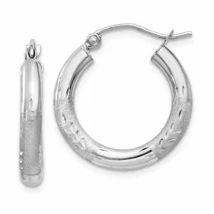 10k White Gold Satin Diamond Cut Round Hoop Earrings