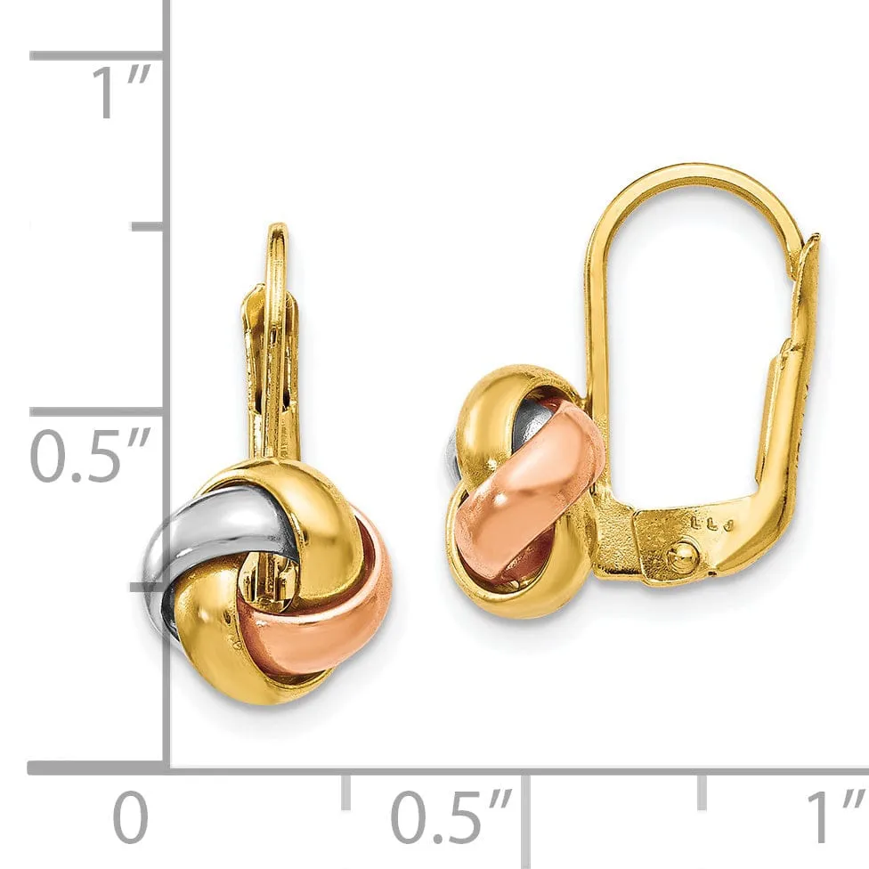 14k Tri Color Gold Love Knot Leverback Earrings