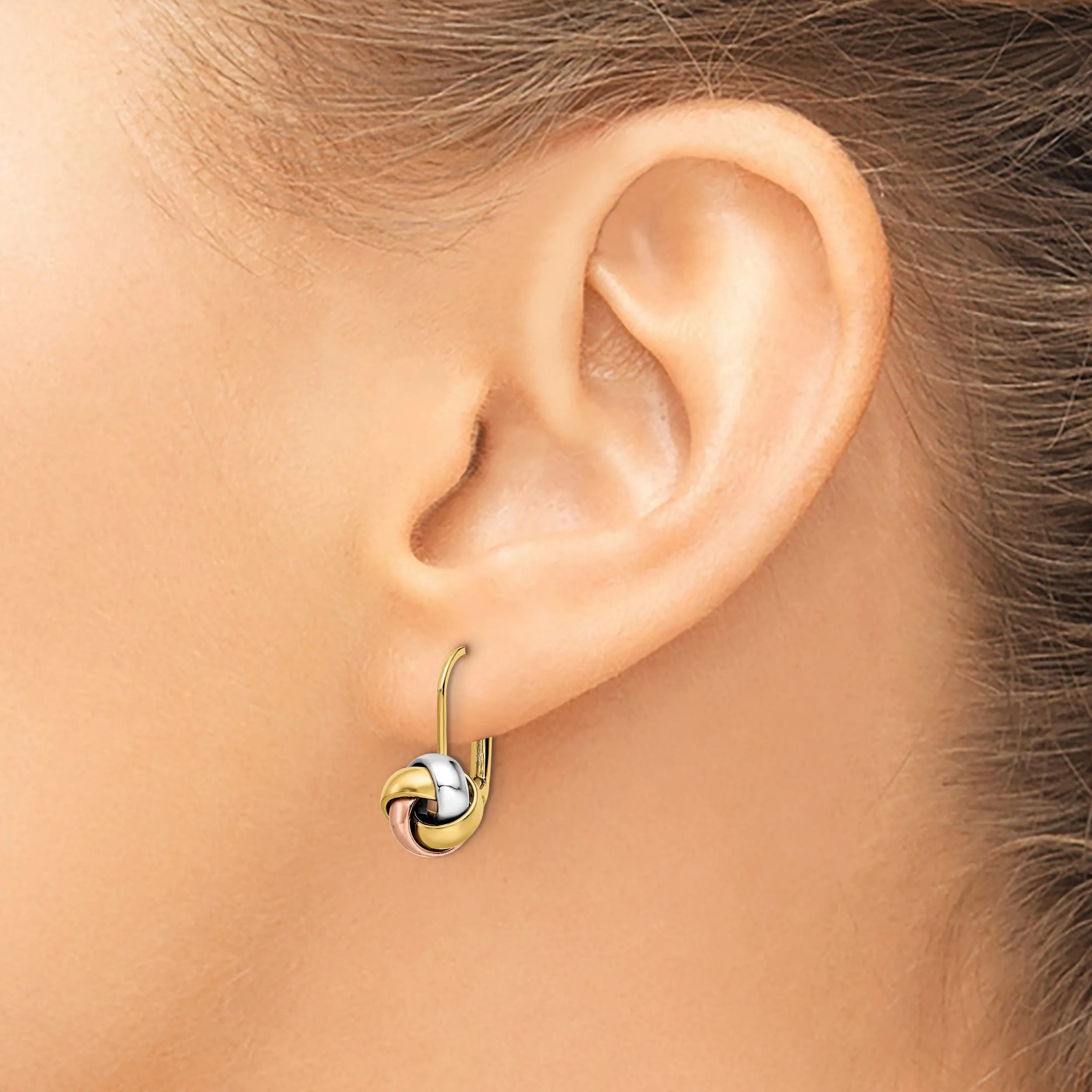 14k Tri Color Gold Love Knot Leverback Earrings