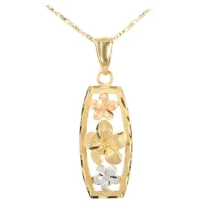 14K Tri-Color Gold Three Plumeria Vertical Pendant(L) (Chain Sold Separately)