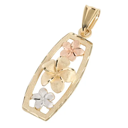 14K Tri-Color Gold Three Plumeria Vertical Pendant(L) (Chain Sold Separately)