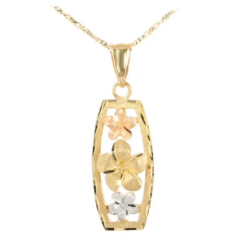 14K Tri-Color Gold Three Plumeria Vertical Pendant(L) (Chain Sold Separately)