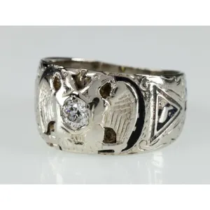 14k White Gold 32nd Degree Mason Eagle Diamond Ring with Enamel Size 11.5