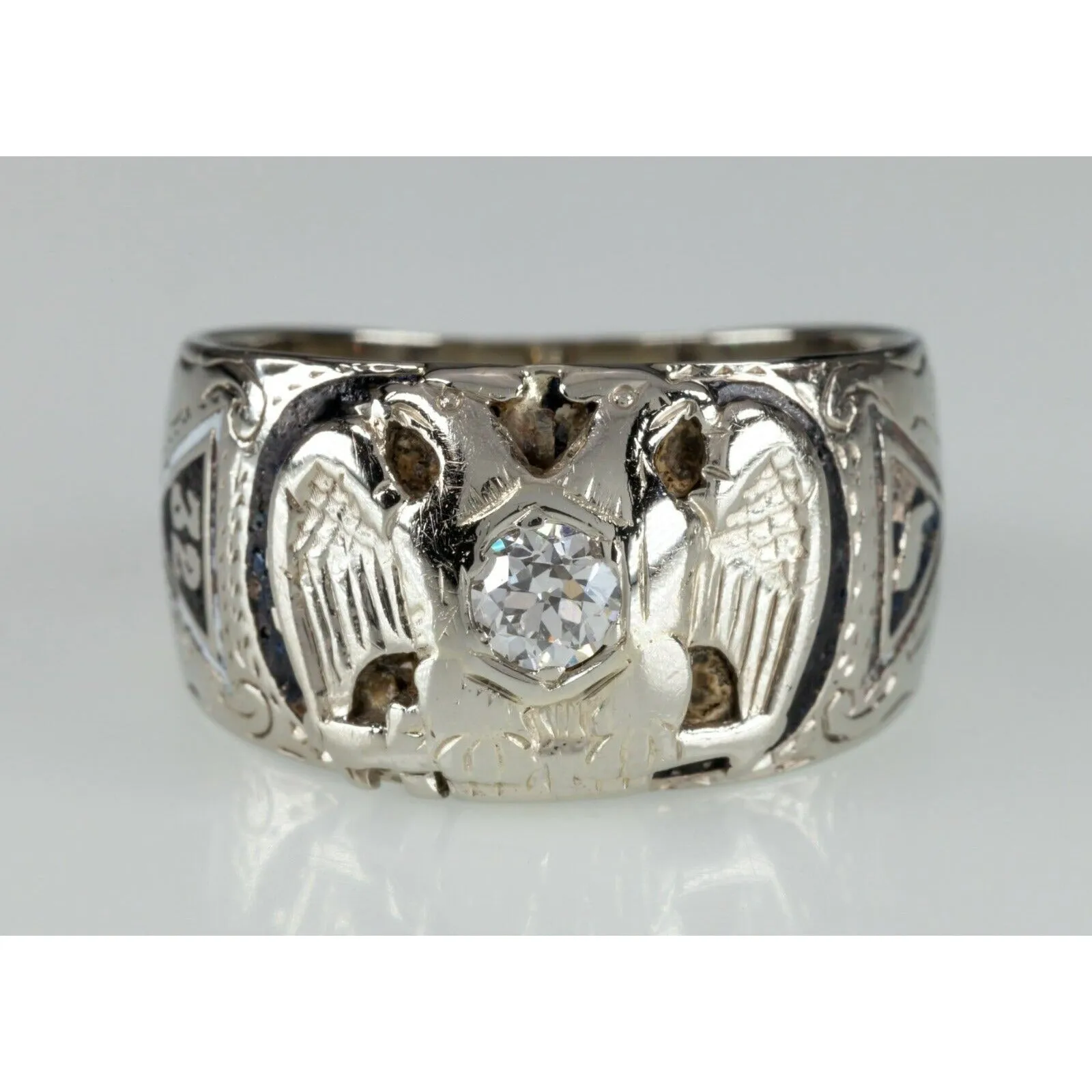 14k White Gold 32nd Degree Mason Eagle Diamond Ring with Enamel Size 11.5