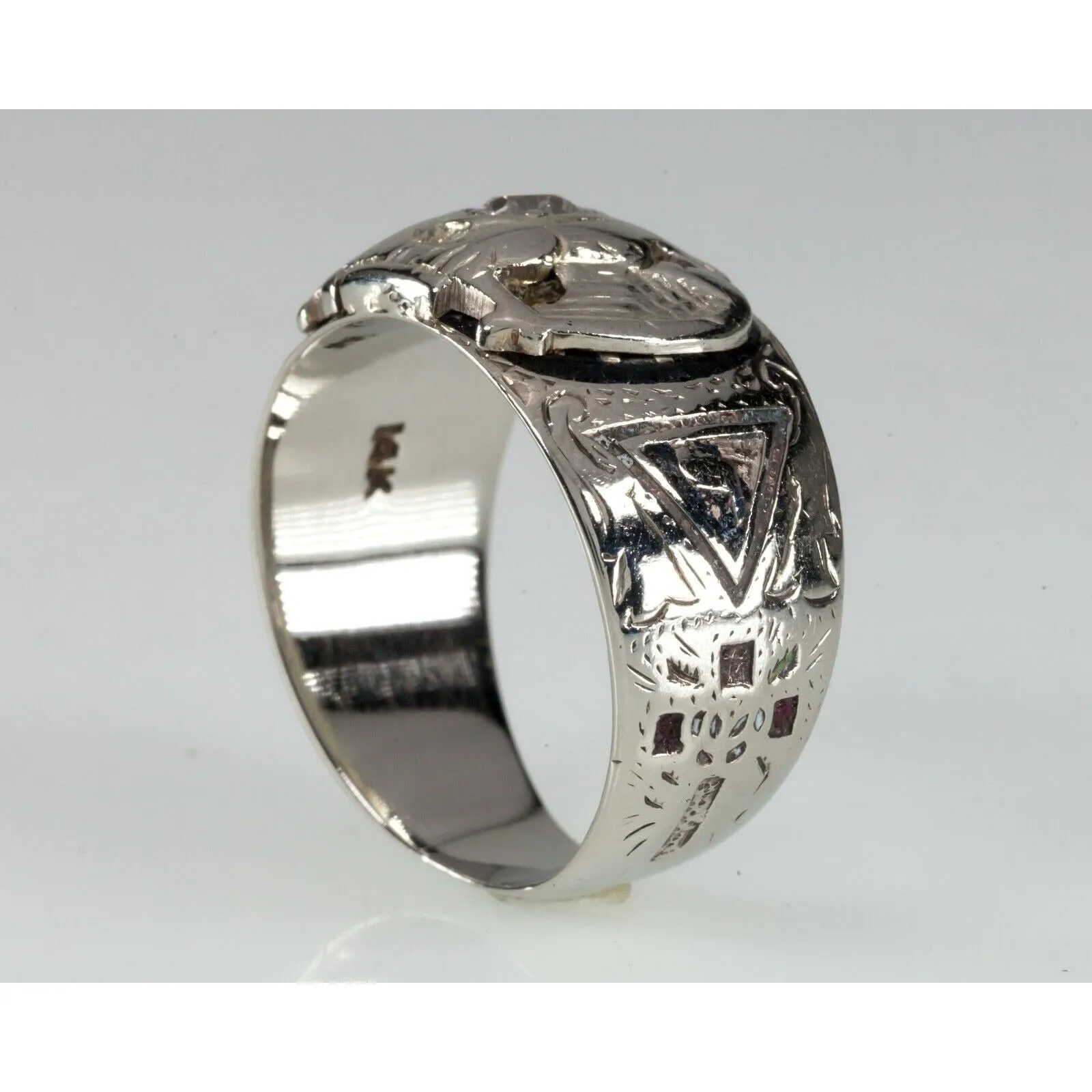 14k White Gold 32nd Degree Mason Eagle Diamond Ring with Enamel Size 11.5