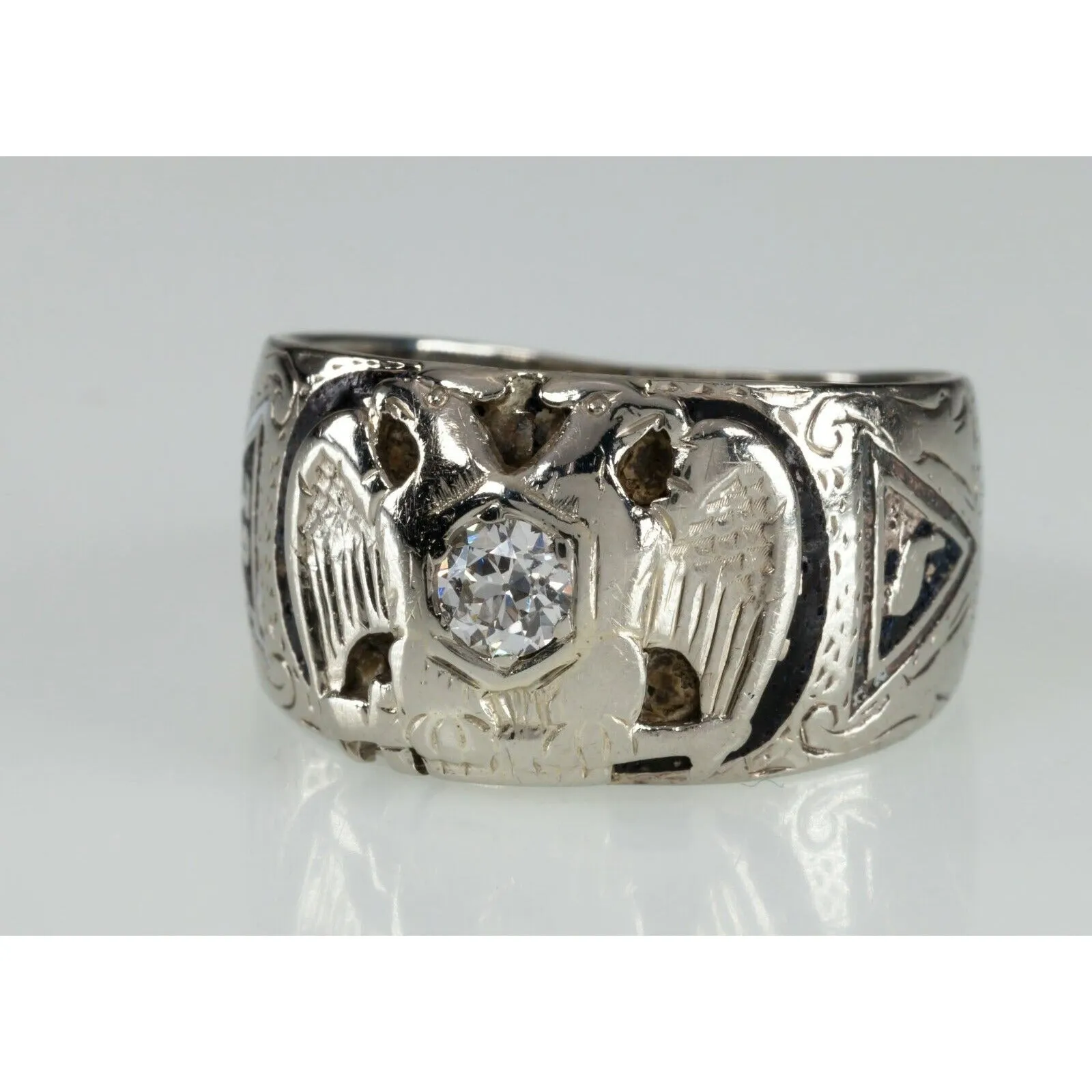 14k White Gold 32nd Degree Mason Eagle Diamond Ring with Enamel Size 11.5