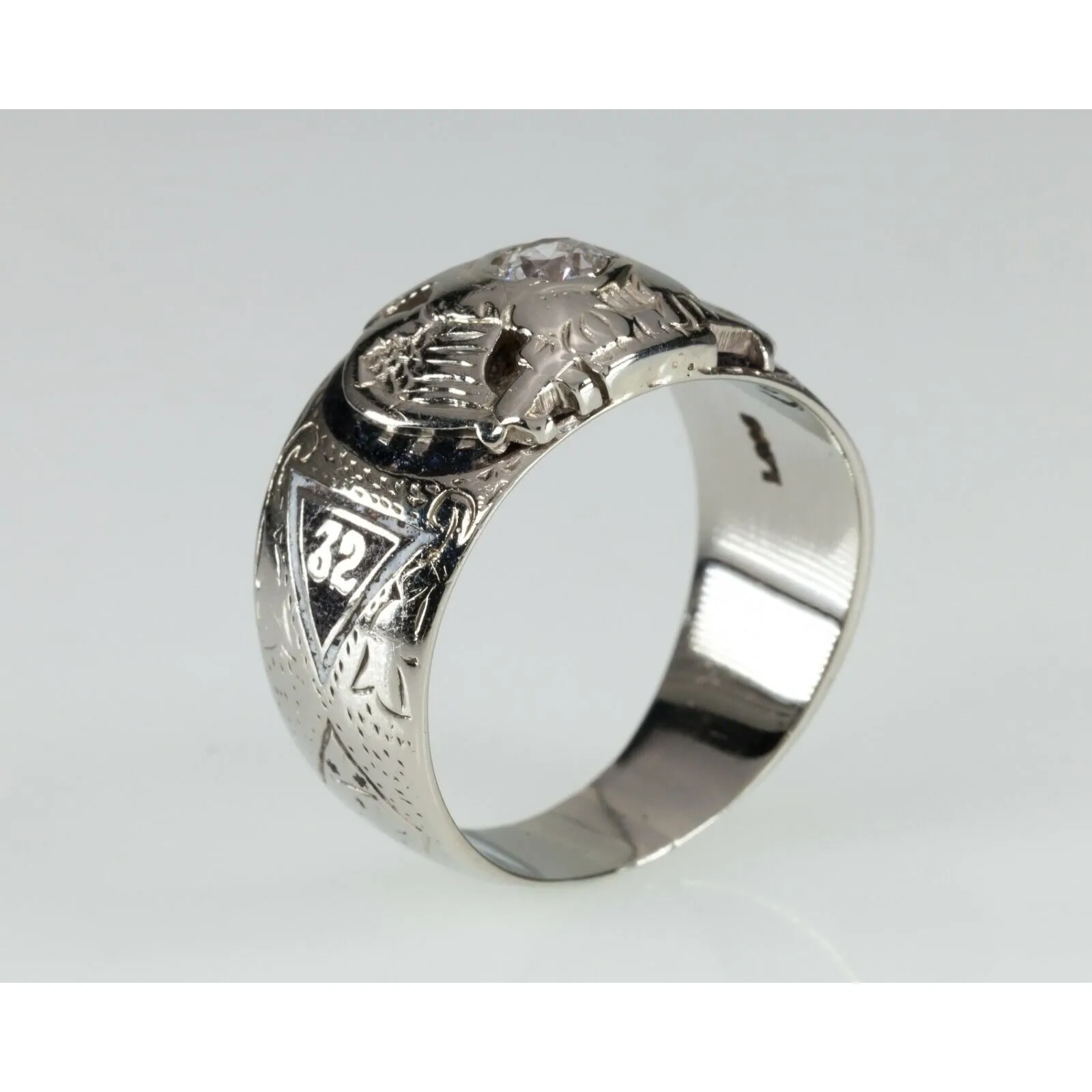 14k White Gold 32nd Degree Mason Eagle Diamond Ring with Enamel Size 11.5