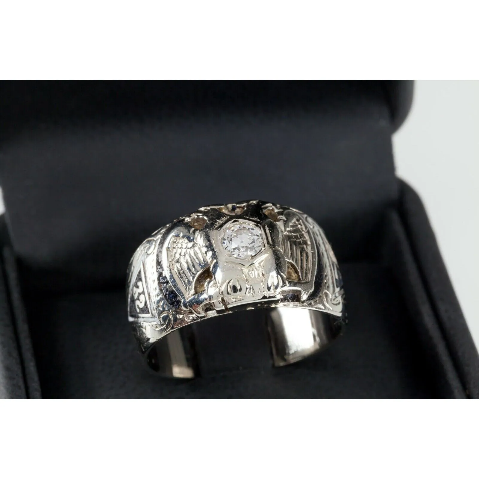 14k White Gold 32nd Degree Mason Eagle Diamond Ring with Enamel Size 11.5