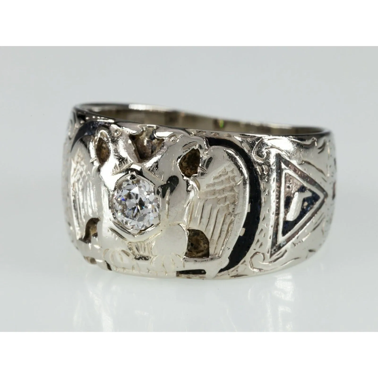 14k White Gold 32nd Degree Mason Eagle Diamond Ring with Enamel Size 11.5