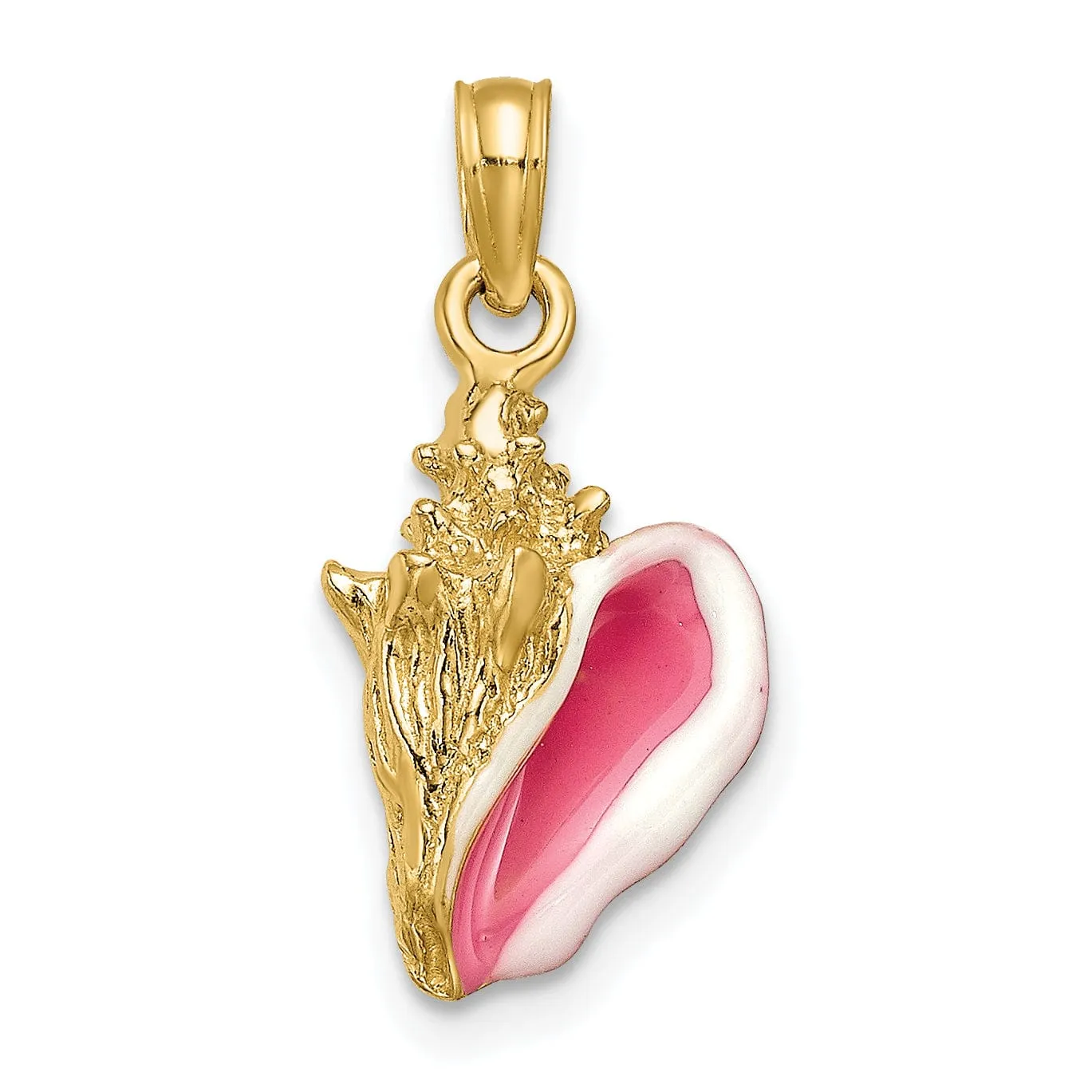 14K Yellow Gold 3-D Pink White Enameled Polished Finish Conch Shell Pendant