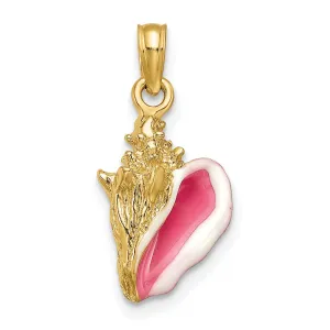 14K Yellow Gold 3-D Pink White Enameled Polished Finish Conch Shell Pendant