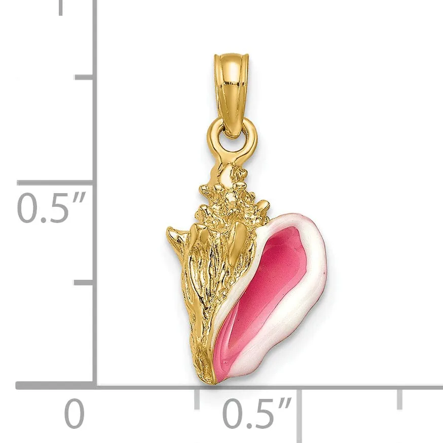 14K Yellow Gold 3-D Pink White Enameled Polished Finish Conch Shell Pendant