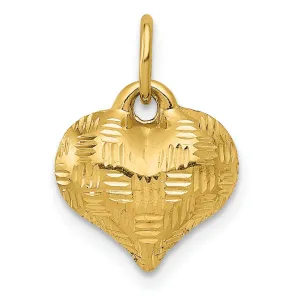 14K Yellow Gold Hollow Polished Diamond Cut Finish Basket Weave Pattern Design 3-Dimensional Puff Heart Charm Pendant