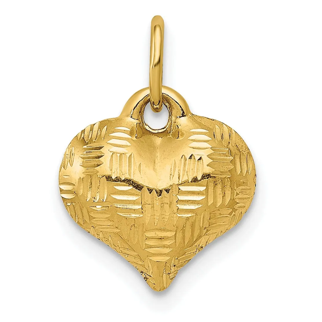 14K Yellow Gold Hollow Polished Diamond Cut Finish Basket Weave Pattern Design 3-Dimensional Puff Heart Charm Pendant