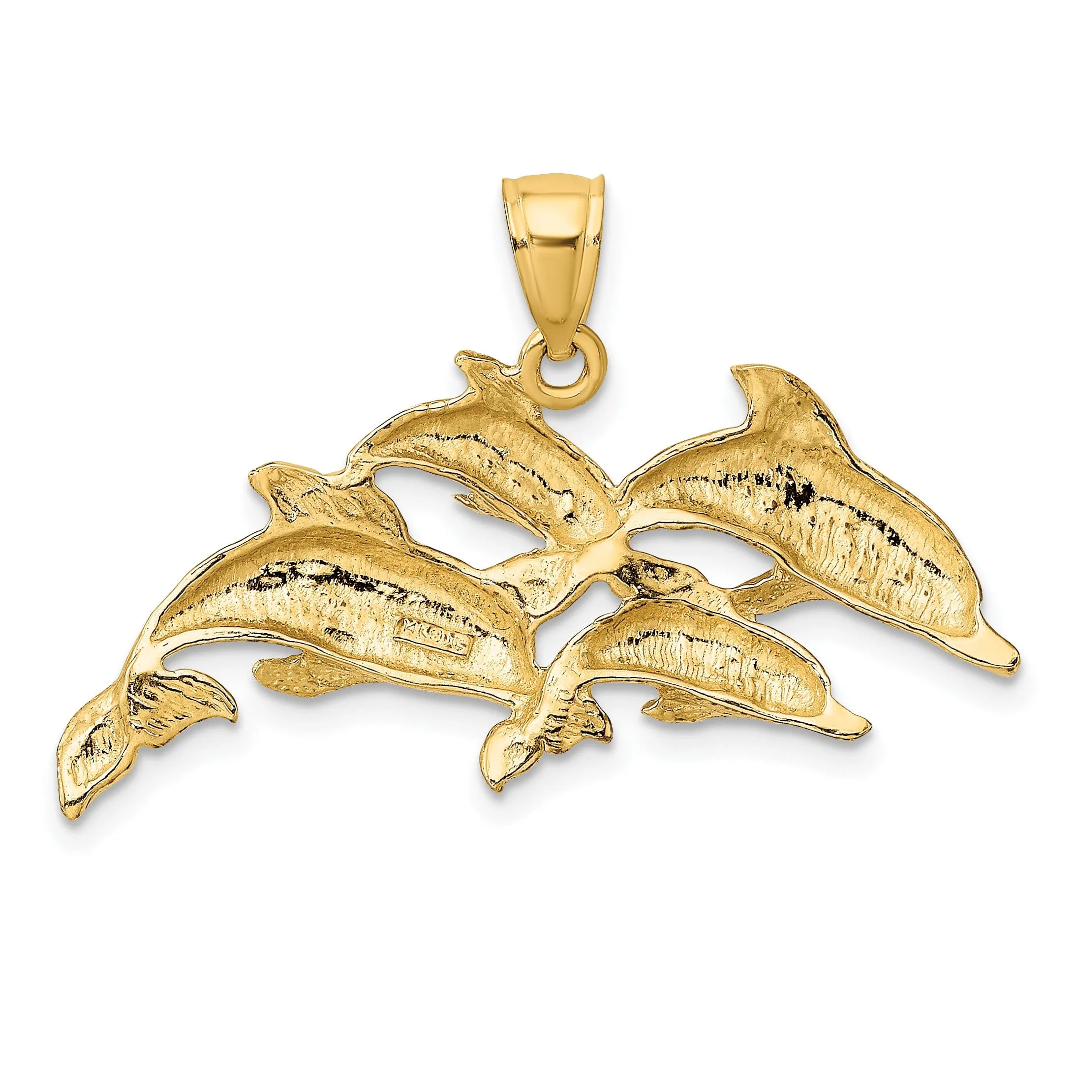 14K Yellow Gold Polished 2-D Four Dolphins Swimming Pendant