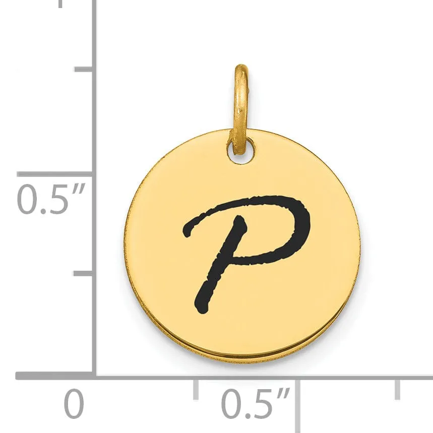14k Yellow Gold Polished Black Epoxy Finish Letter P Initial Disk Shape Charm Pendant