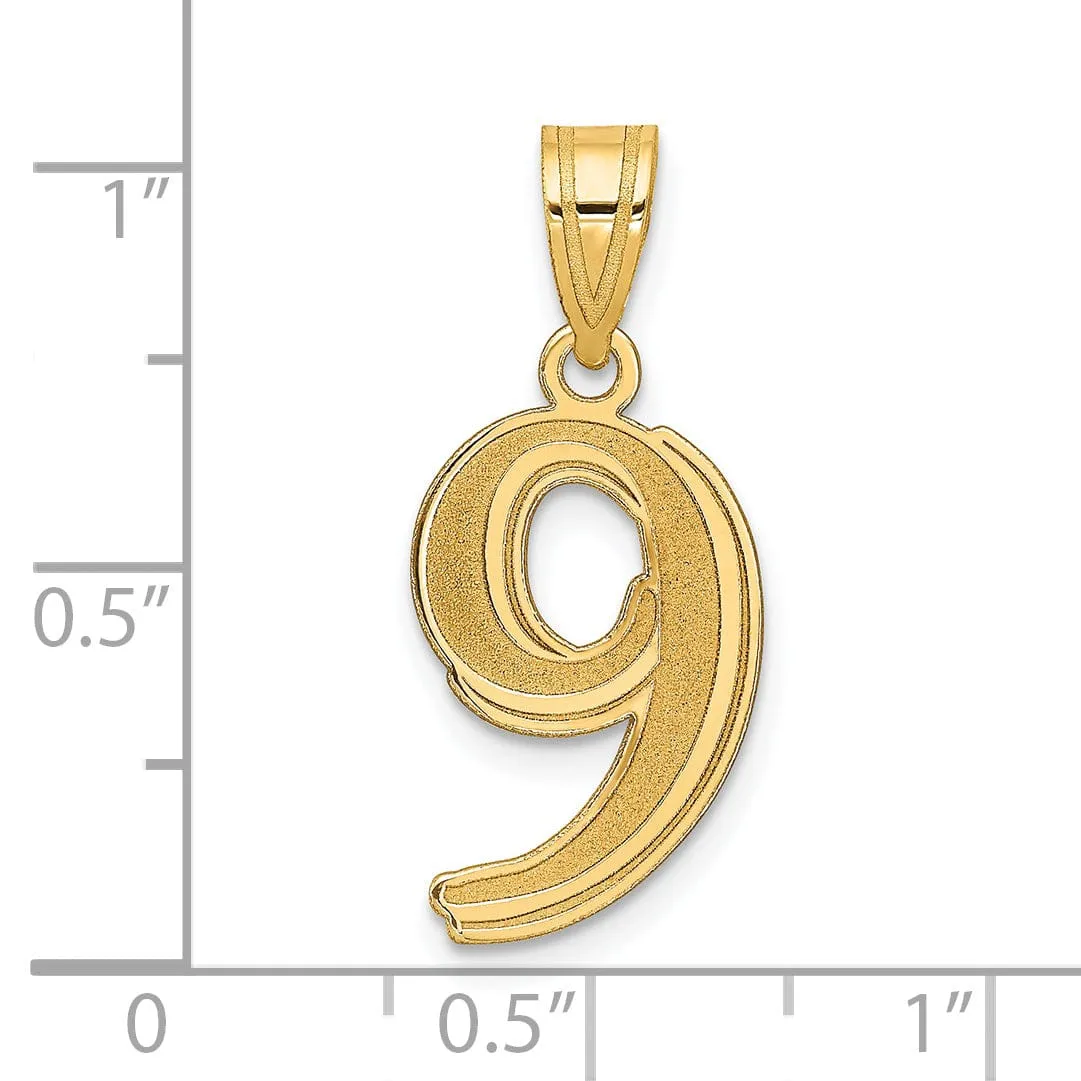 14k Yellow Gold Polished Etched Finish Number 9 Charm Pendant