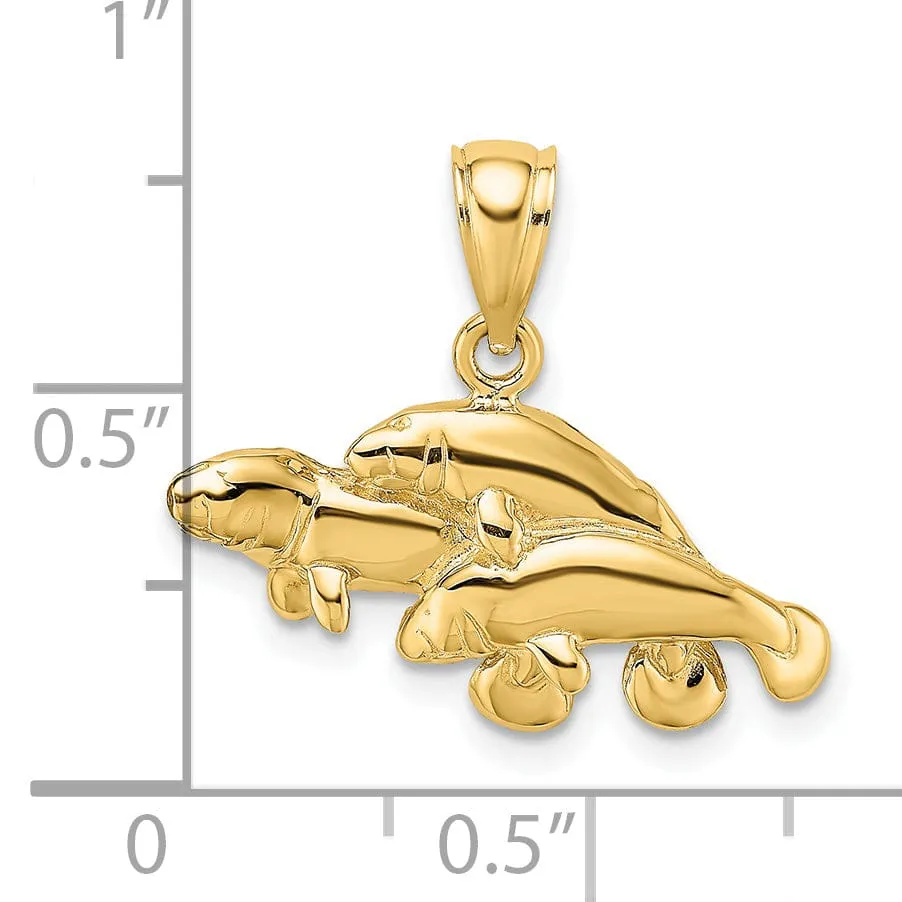 14k Yellow Gold Polished Finish Family of Three Manatee Design Pendant