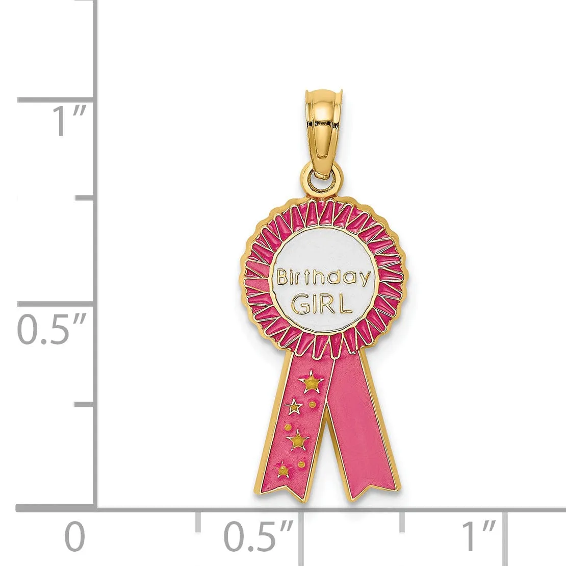 14K Yellow Gold Polished Textured Pink Enamel Finish BIRTHDAY GIRL Pink Ribbon Charm Pendant Design