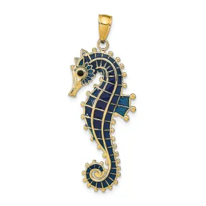 14k Yellow Gold Solid 3-Dimensional Textured Polished Blue Enameled Finish Men's Seahorse Charm Pendant