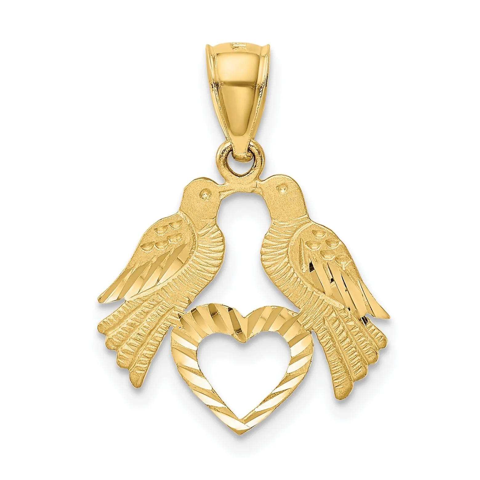 14k Yellow Gold Solid Textured Polished Diamond Cut Finish Reversible Two Love Birds with Heart Charm Pendant