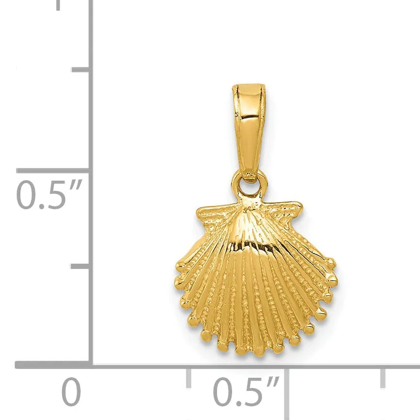14K Yellow Gold Solid Textured Polished Finish Sea Scallop Shell Charm Pendant