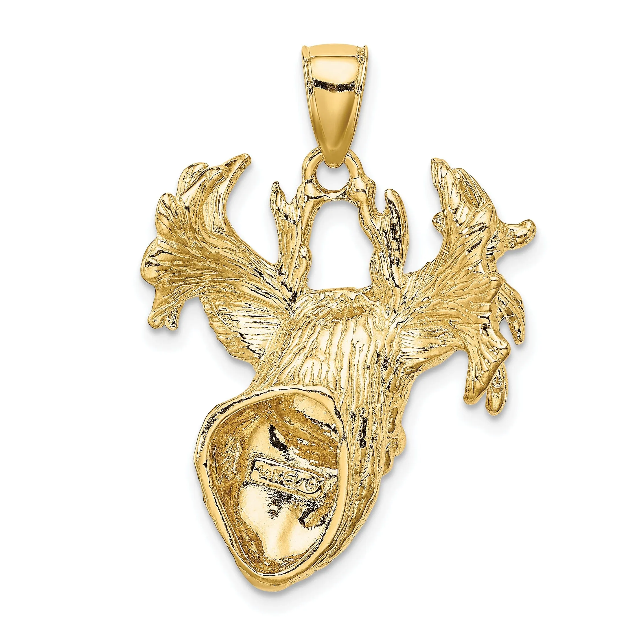14K Yellow Gold Textured Polished Finish 2-Dimensional Deer Head with Antlers Charm Pendant