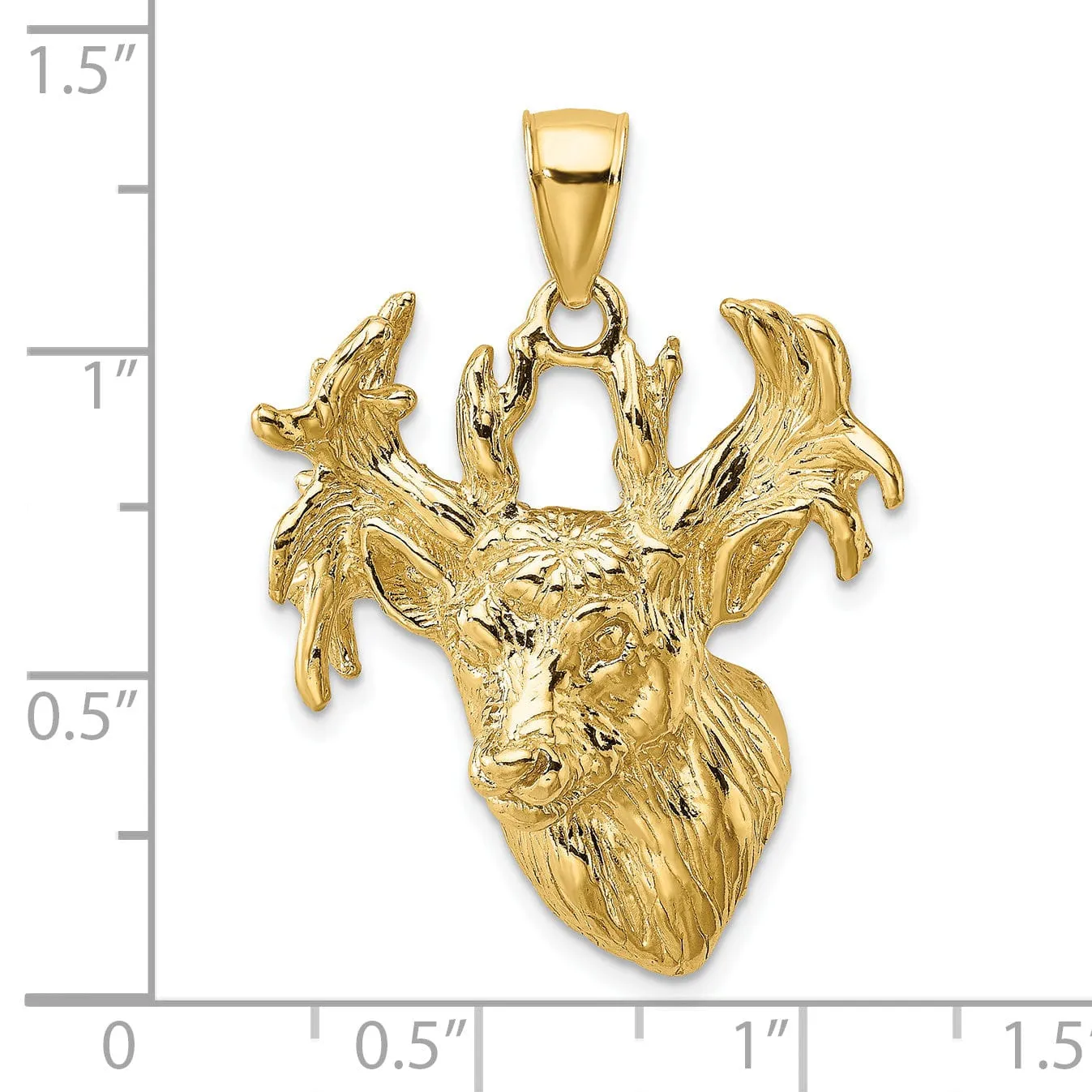 14K Yellow Gold Textured Polished Finish 2-Dimensional Deer Head with Antlers Charm Pendant