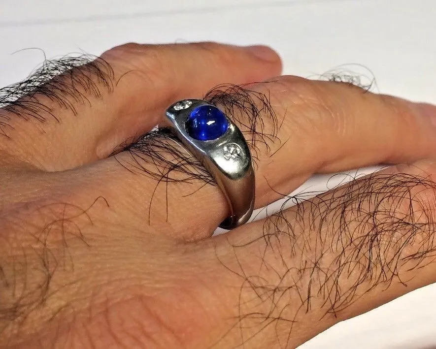 18k White Gold Solid Ring w .20ctw Diamonds / Blue Cabochon Sz 9 3/4 - 9.8 Grams