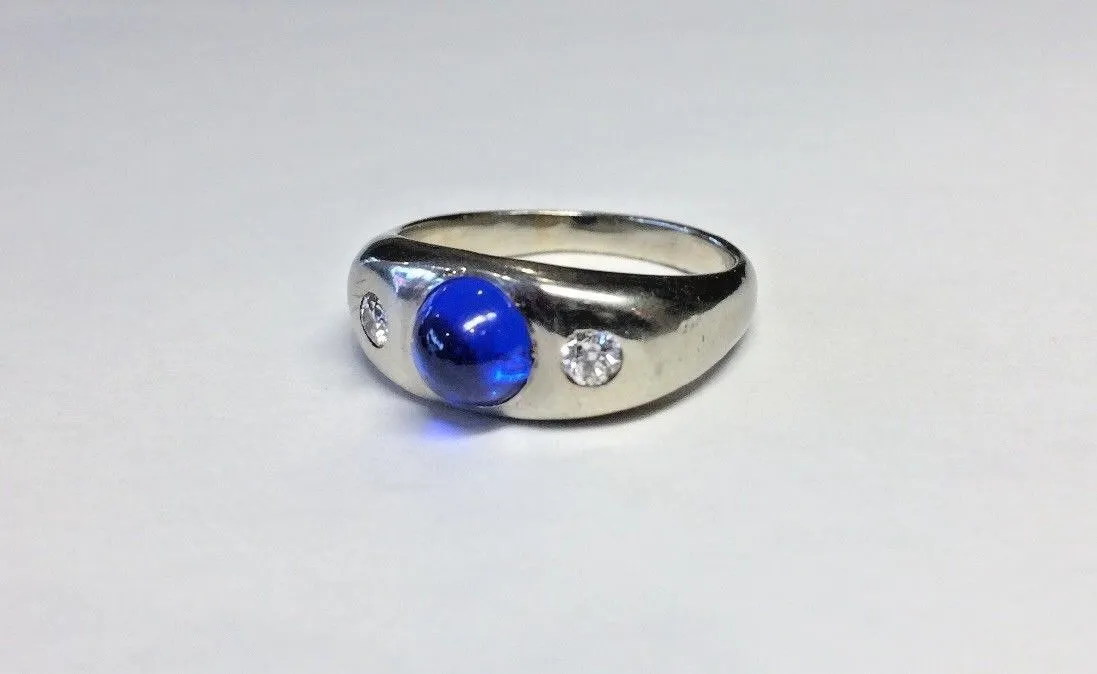 18k White Gold Solid Ring w .20ctw Diamonds / Blue Cabochon Sz 9 3/4 - 9.8 Grams