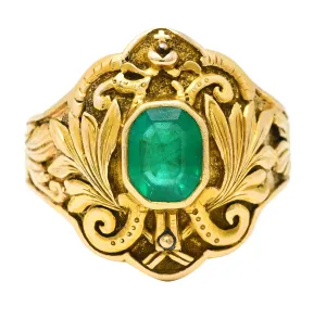 1906 Art Nouveau Emerald 18 Karat Yellow Gold Foliate Antique Band Ring