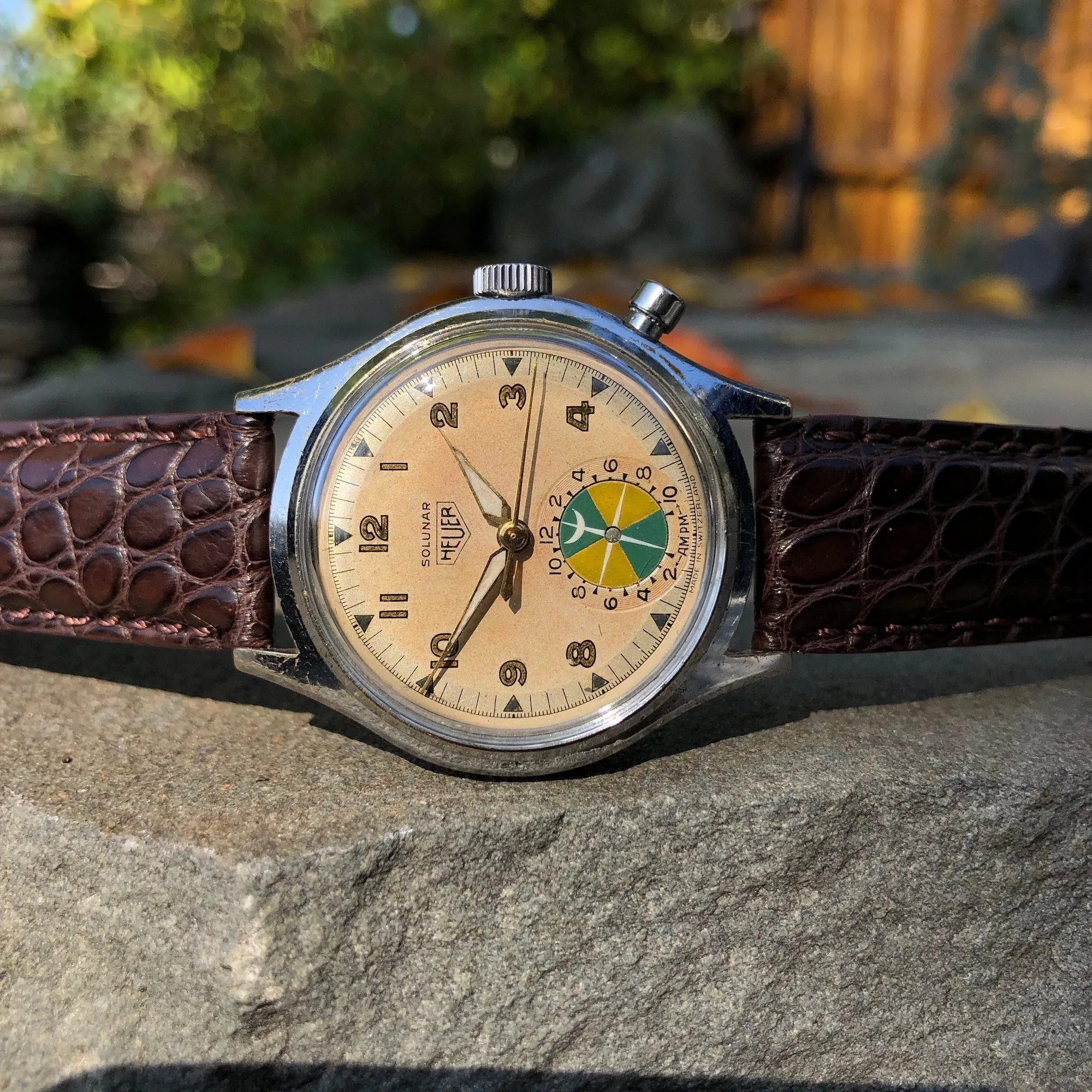 1940s Heuer Solunar Stainless Steel Chrome Plated Tide Indicator Wristwatch