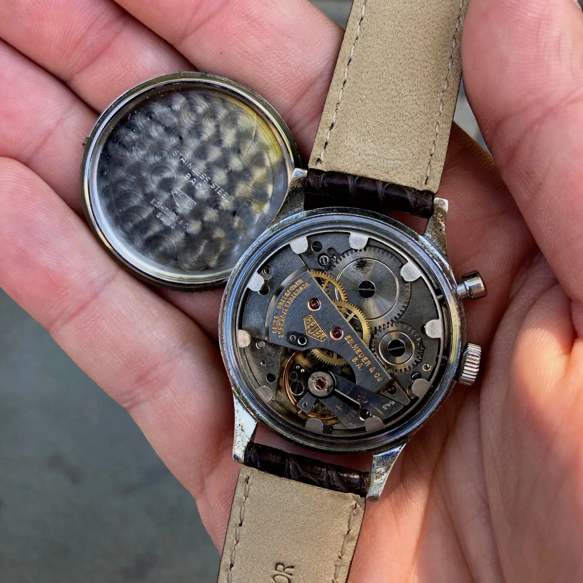 1940s Heuer Solunar Stainless Steel Chrome Plated Tide Indicator Wristwatch