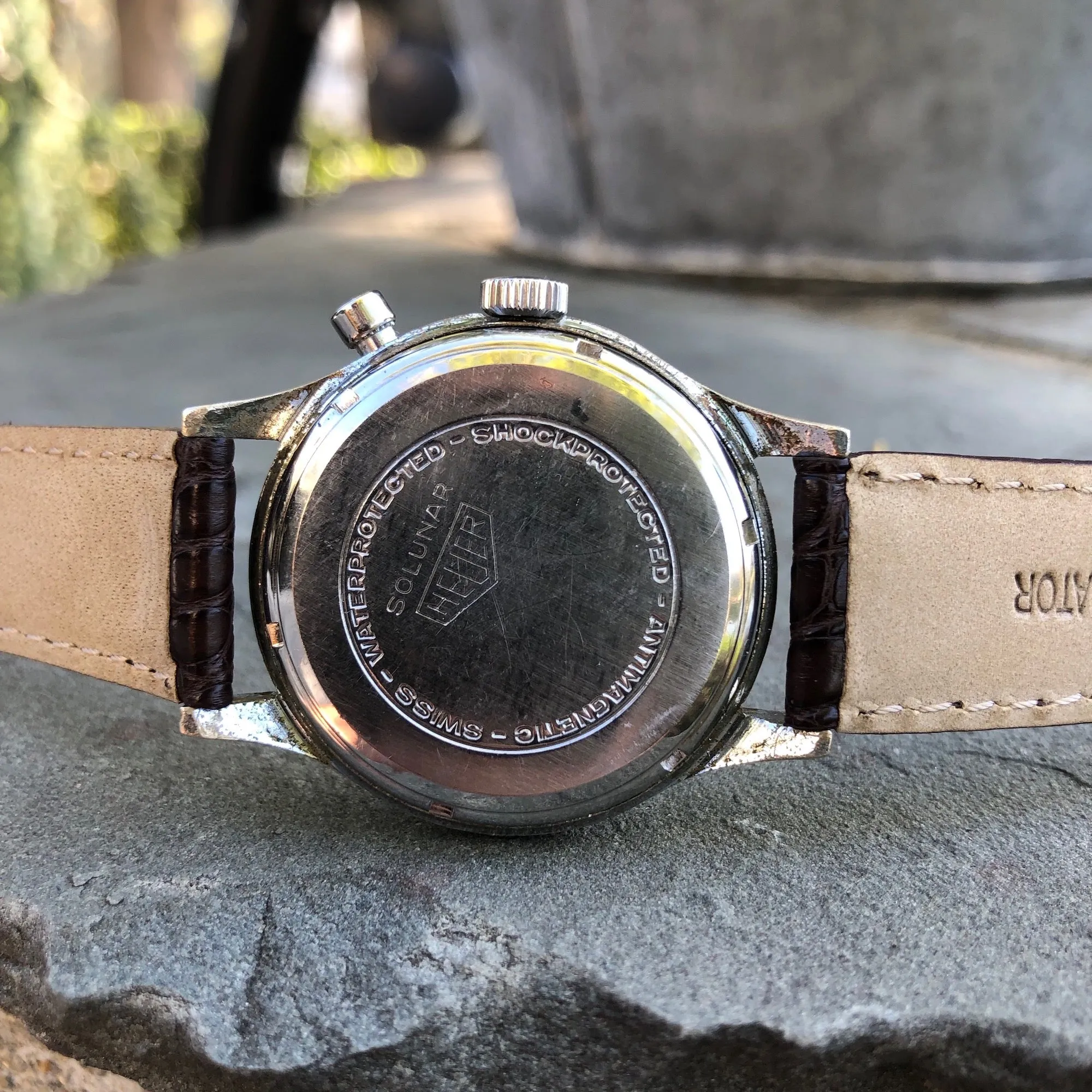 1940s Heuer Solunar Stainless Steel Chrome Plated Tide Indicator Wristwatch