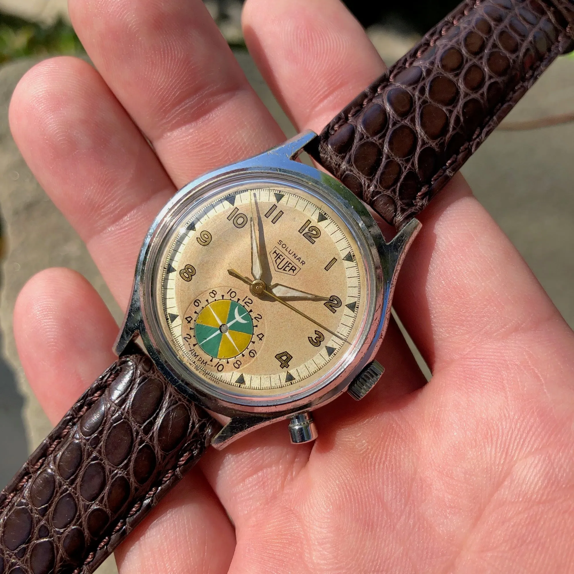 1940s Heuer Solunar Stainless Steel Chrome Plated Tide Indicator Wristwatch