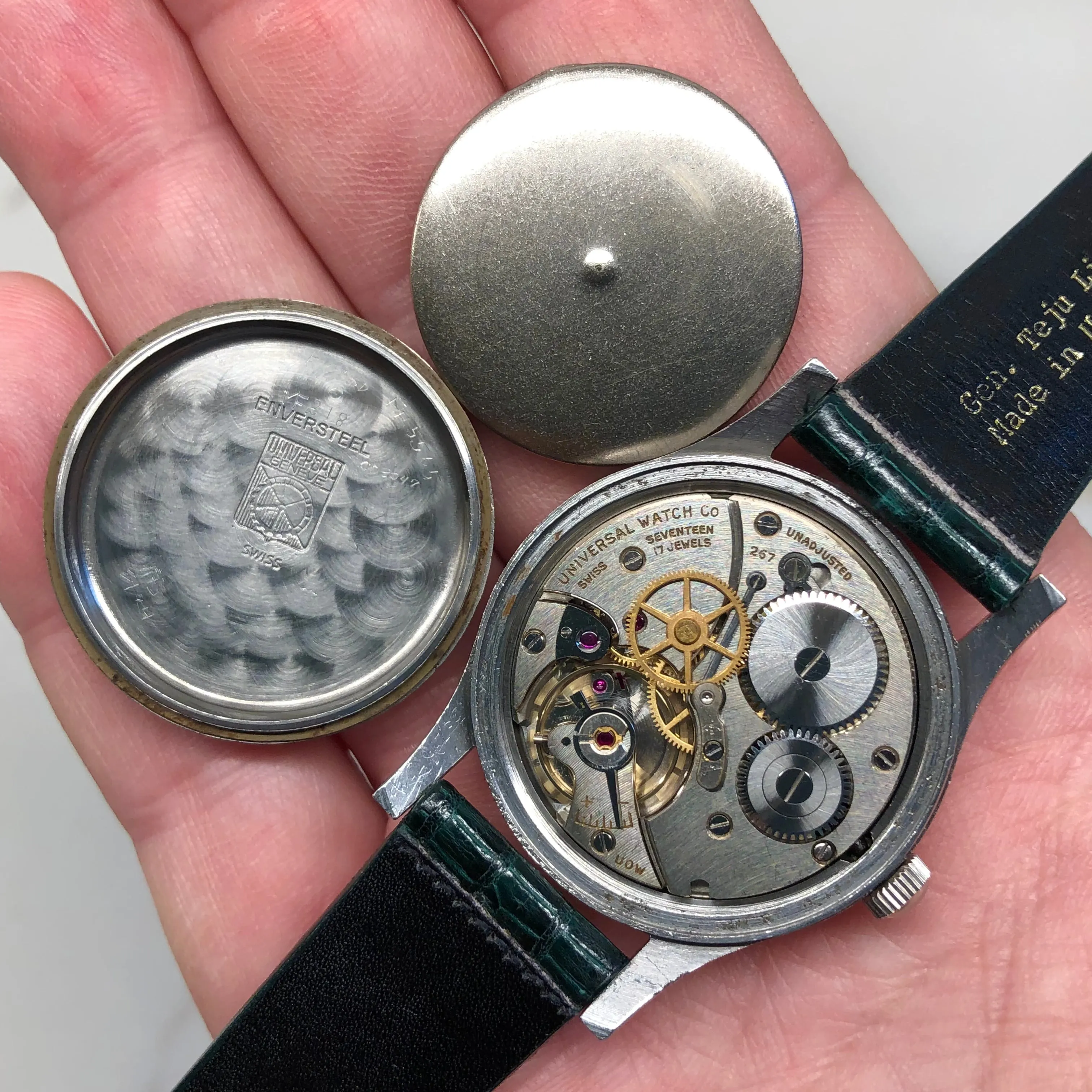 1940s Universal Geneve 20506 Radium Multiscale Dial Faceted Steel Case Caliber 267 Wristwatch