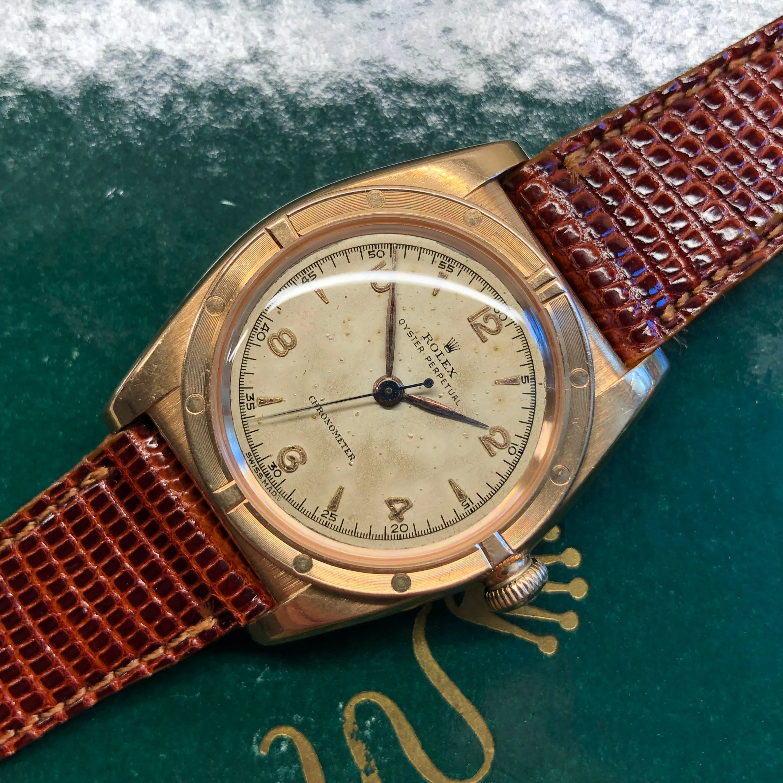 1946 Rolex Oyster Perpetual Bubbleback 3372 Chronometer 14K Rose Gold Automatic Wristwatch