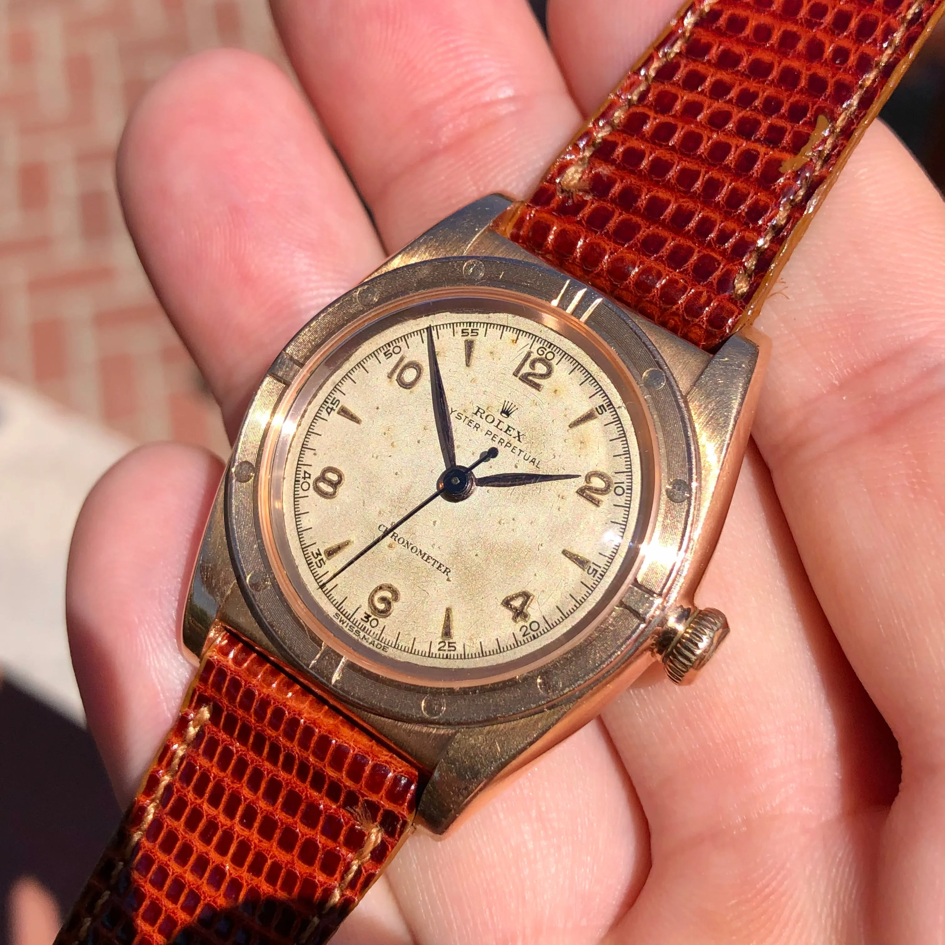 1946 Rolex Oyster Perpetual Bubbleback 3372 Chronometer 14K Rose Gold Automatic Wristwatch