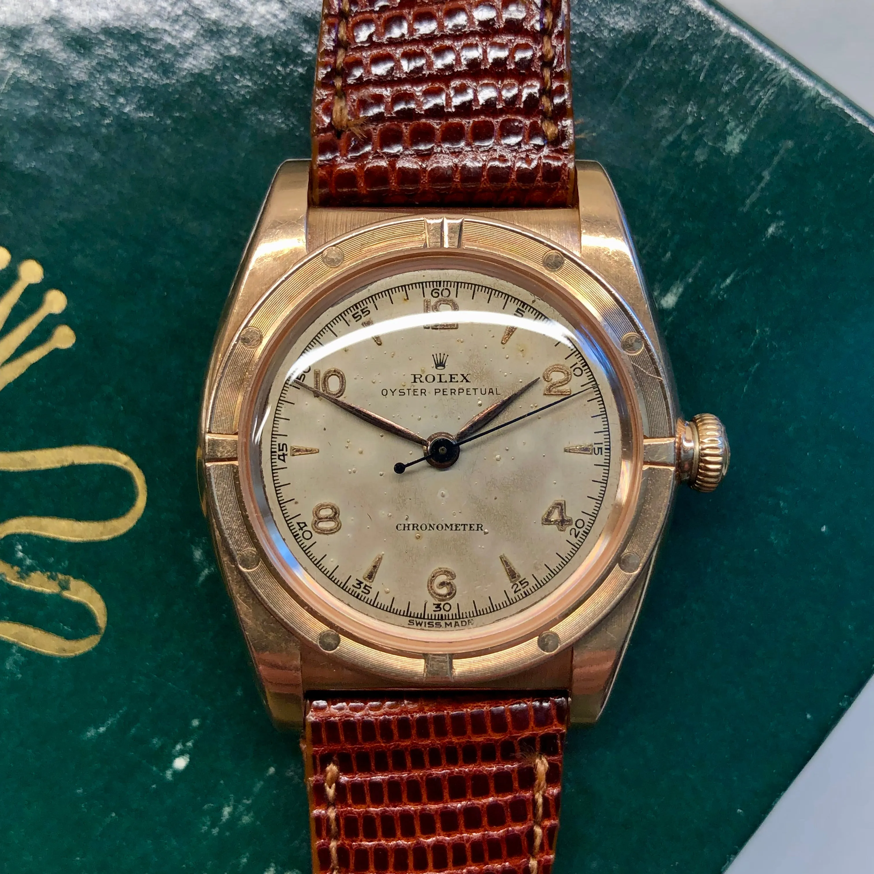 1946 Rolex Oyster Perpetual Bubbleback 3372 Chronometer 14K Rose Gold Automatic Wristwatch