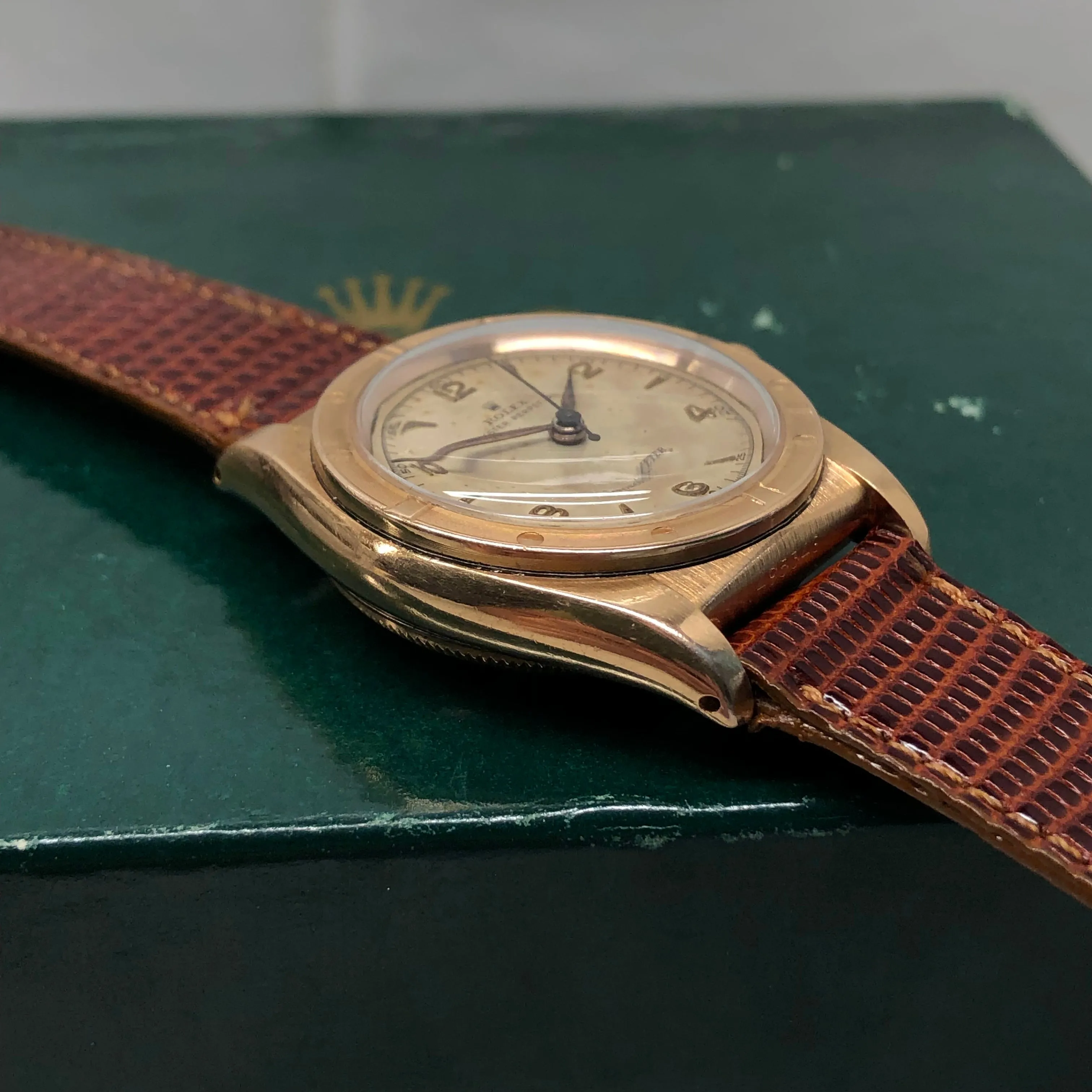 1946 Rolex Oyster Perpetual Bubbleback 3372 Chronometer 14K Rose Gold Automatic Wristwatch