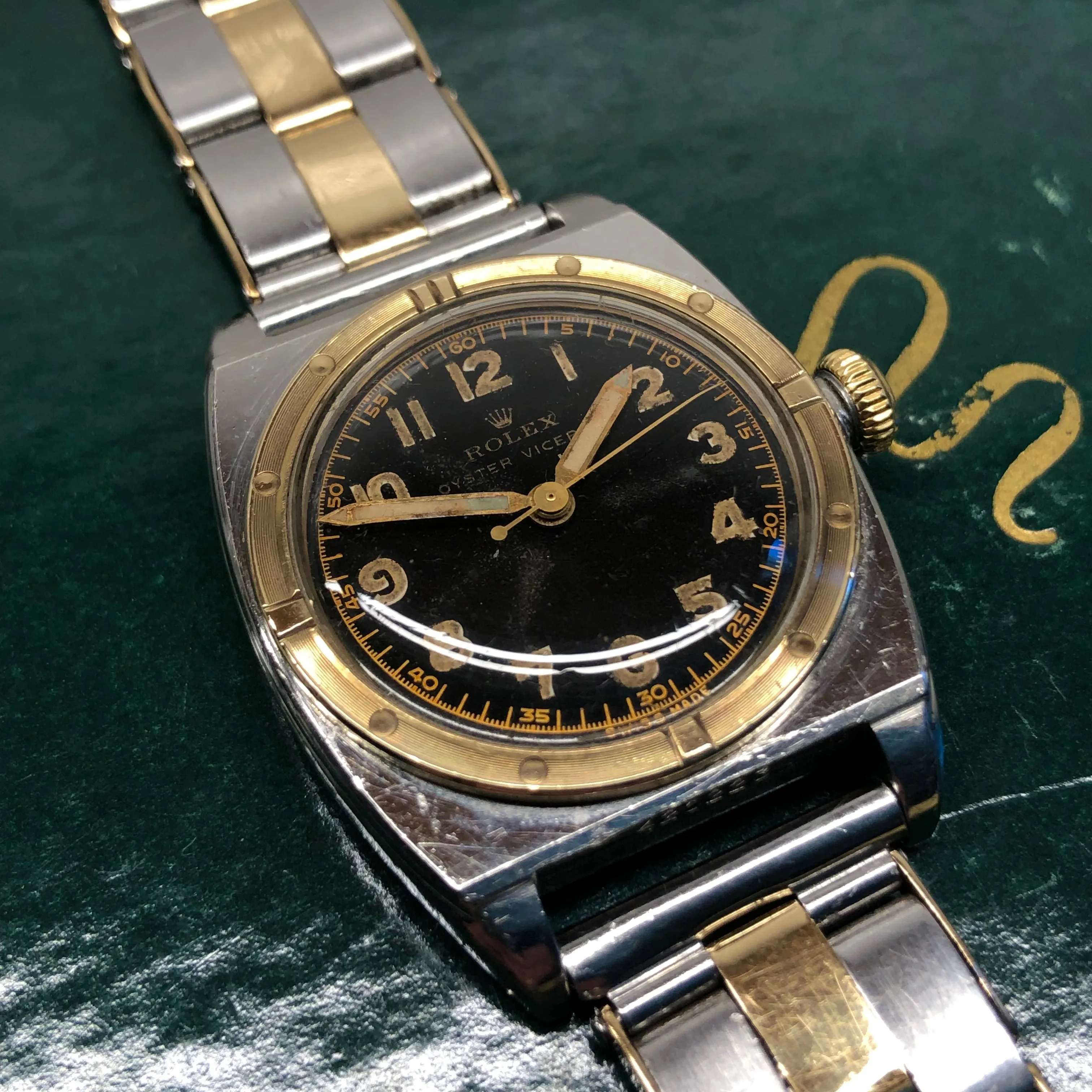 1946 Rolex Oyster Viceroy 3559 Black Gilt Two Tone Stretch Bracelet Wristwatch