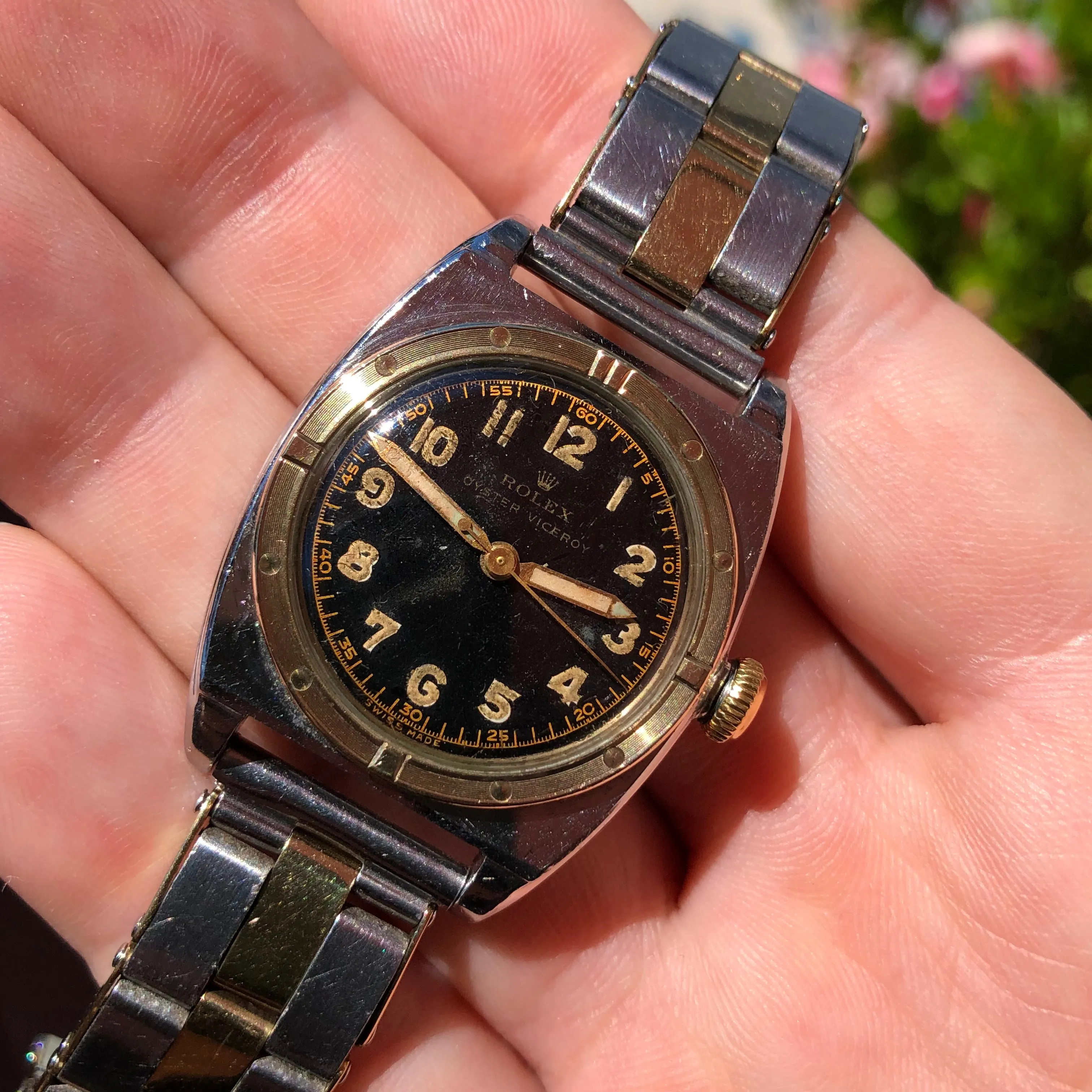 1946 Rolex Oyster Viceroy 3559 Black Gilt Two Tone Stretch Bracelet Wristwatch