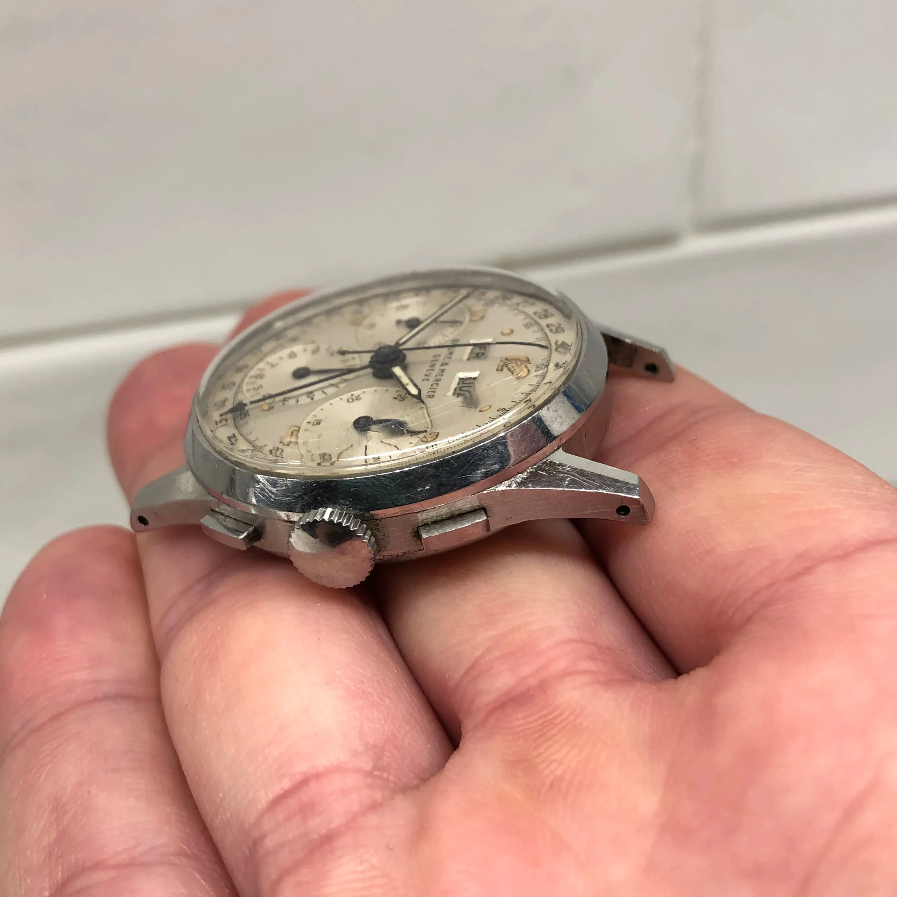 1950s Baume Mercier Vintage Steel Chronograph Triple Date Calendar Valjoux 72 Wristwatch