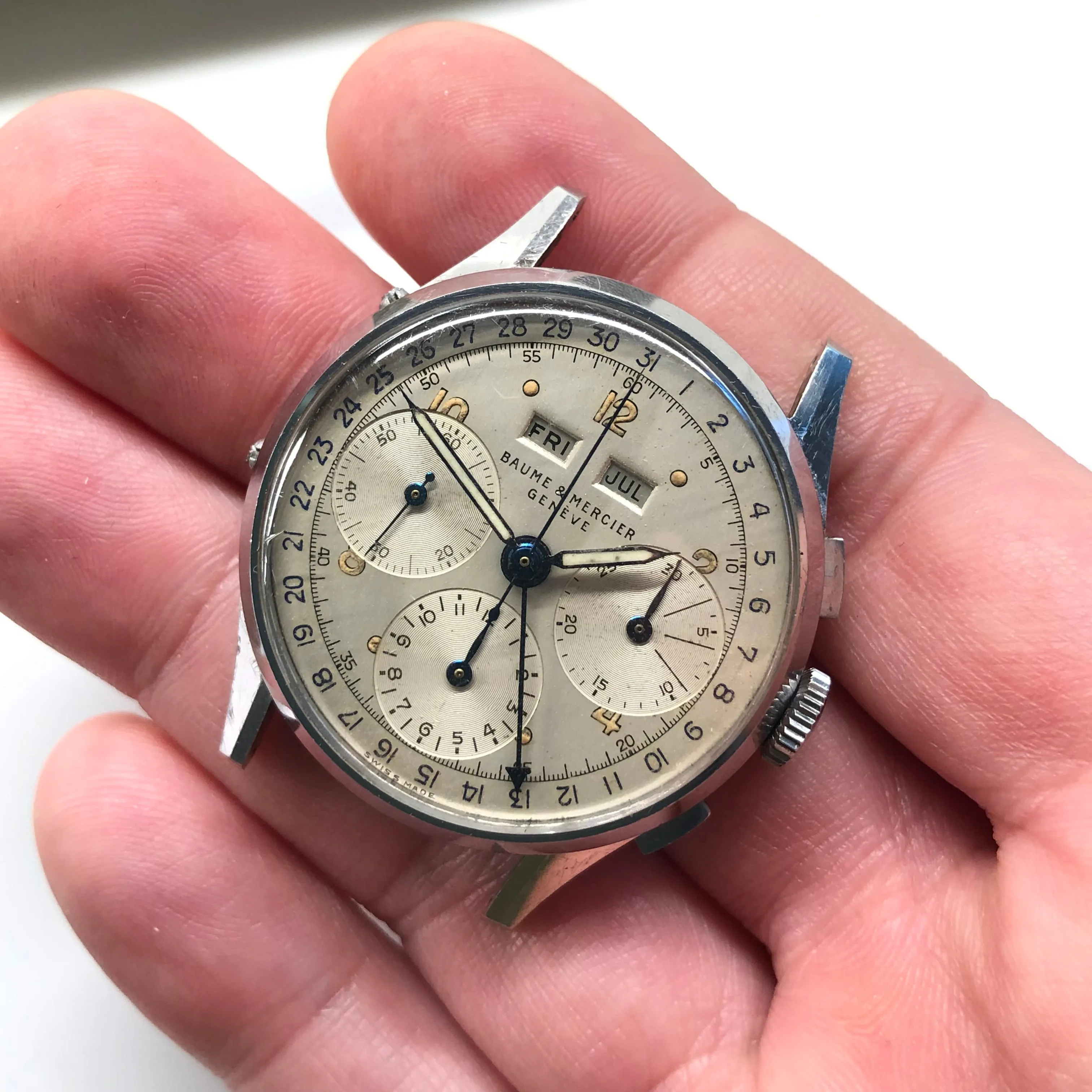 1950s Baume Mercier Vintage Steel Chronograph Triple Date Calendar Valjoux 72 Wristwatch