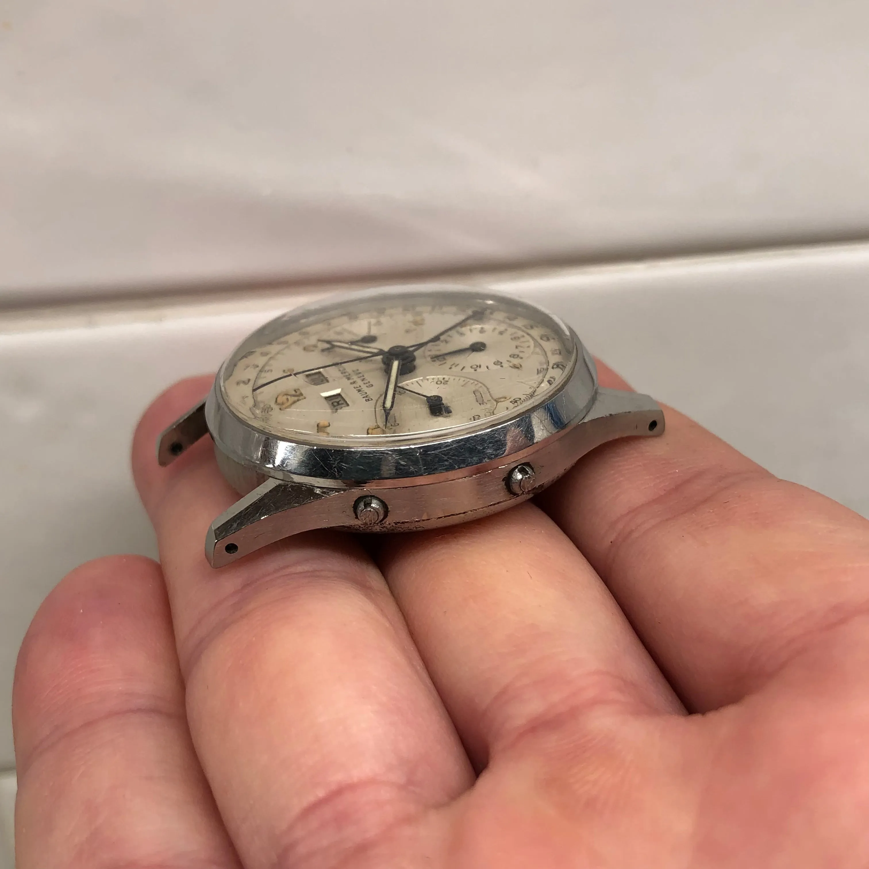 1950s Baume Mercier Vintage Steel Chronograph Triple Date Calendar Valjoux 72 Wristwatch