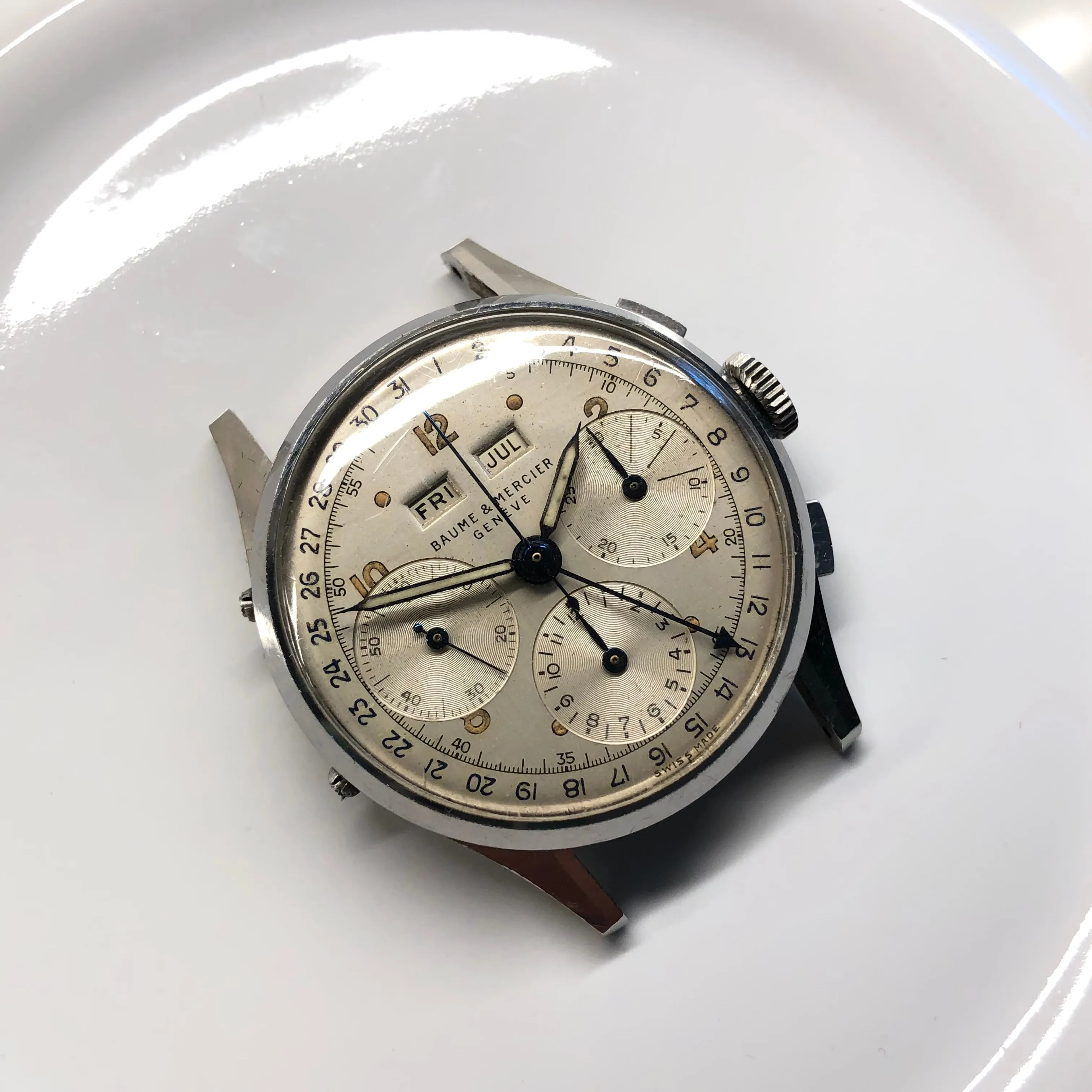 1950s Baume Mercier Vintage Steel Chronograph Triple Date Calendar Valjoux 72 Wristwatch