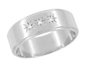 1950's Starburst Three Diamond Wedding Band in 14 or 18 Karat White Gold - 6mm Wide