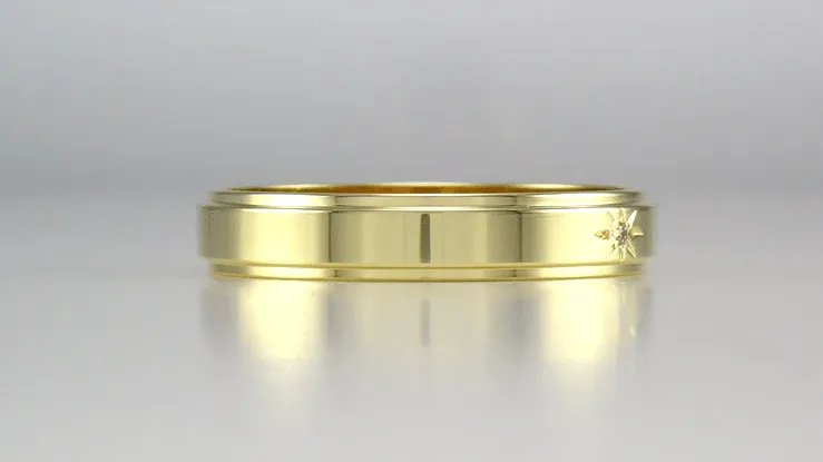 1950's Yellow Gold Grooved Edge Vintage Style Starburst Diamond Wedding Band - 4mm Wide
